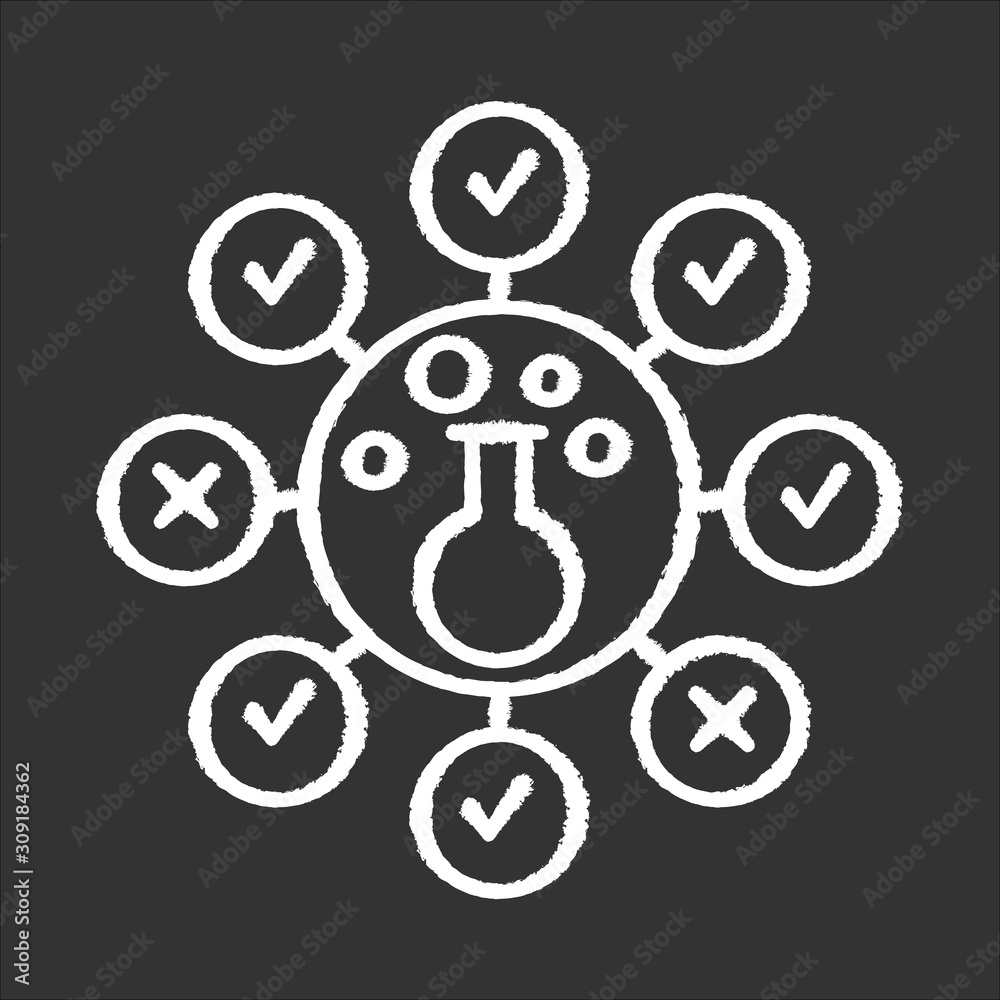 Chemical survey chalk icon. Composition analysis. Quality control. Consumer products test. Health risk testing. Experiment. Lab flask. Data collection. Isolated vector chalkboard illustration Chemical survey chalk icon. Composition analysis. Quality control. Consumer products test. Health risk testing. Experiment. Lab flask. Data collection. Isolated vector chalkboard illustration