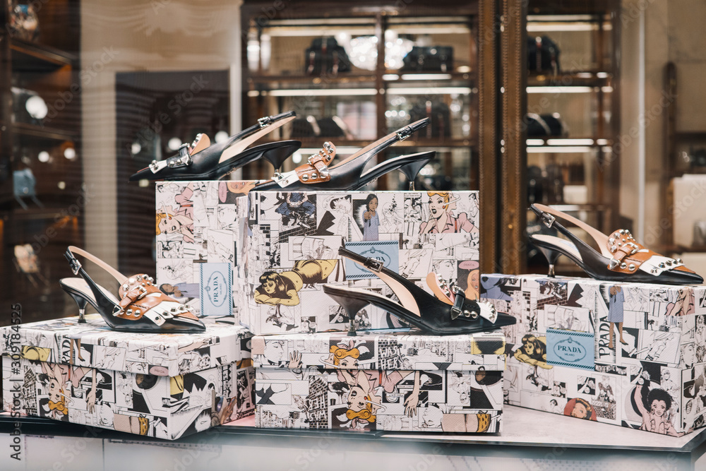 Milan, Italy - February 23, 2018: Prada shoes in a store in Milan - Luxury  shopping concept Stock Photo | Adobe Stock