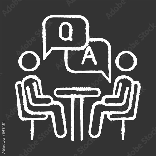 Personal interview survey chalk icon. Questions and answers poll. Social research. Consumer, customer satisfaction. Feedback. Evaluation. Data collection. Isolated vector chalkboard illustration