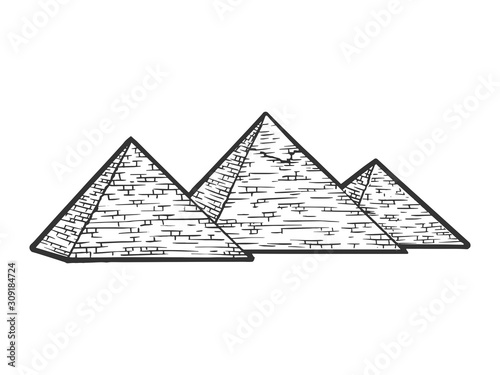 Egyptian pyramids sketch engraving vector illustration. T-shirt apparel print design. Scratch board style imitation. Black and white hand drawn image.