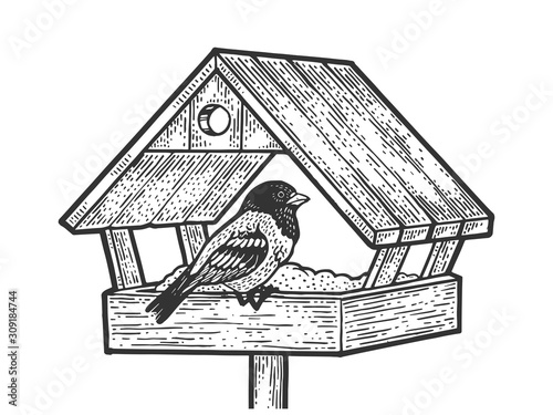 Winter bird feeder sketch engraving vector illustration. T-shirt apparel print design. Scratch board style imitation. Black and white hand drawn image.