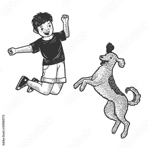 Happy jumping boy kid with pet dog sketch engraving vector illustration. T-shirt apparel print design. Scratch board style imitation. Black and white hand drawn image.