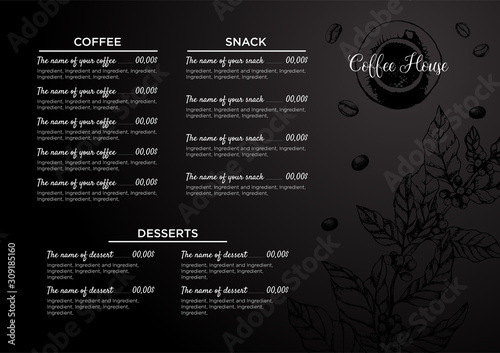 Stock vector template coffee house or restaurant menu. A beverage flyer for bar and cafe. Template with hand-drawn vintage illustration coffee and desserts on the black board.