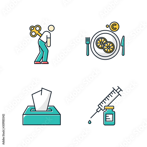 Common cold color icons set. Fatigue and exhaustion. Vitamin C in lemon slices. Disposable wipes. Pack of tissues. Vaccination and immunization. Healthcare. Pharmacy. Isolated vector illustrations