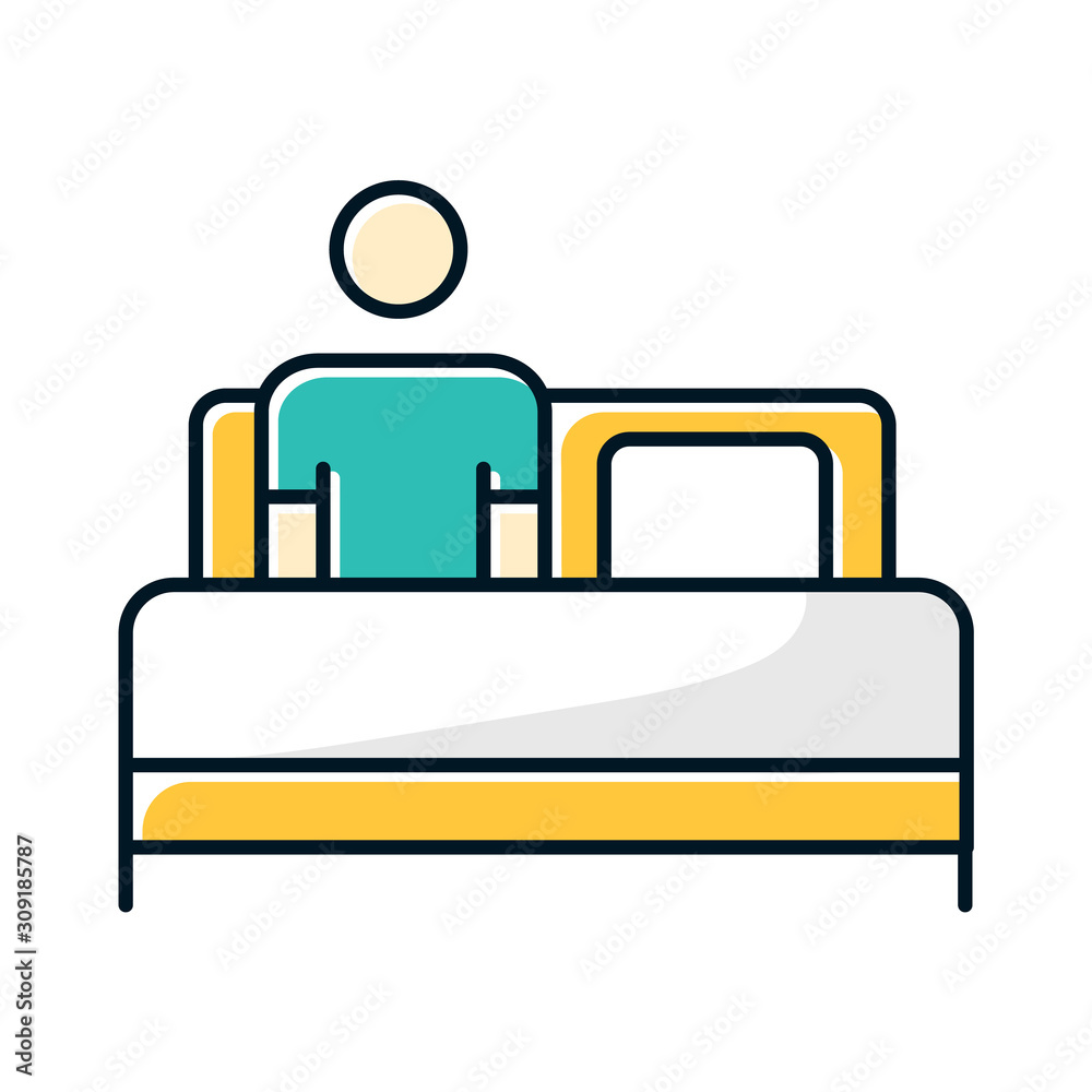 Bed rest color icon. Man relaxing under blanket. Common cold aid. Flu infection help. Influenza virus cure. Healthcare. Leisure and comfort. Person unwell in bedroom. Isolated vector illustration Bed rest color icon. Man relaxing under blanket. Common cold aid. Flu infection help. Influenza virus cure. Healthcare. Leisure and comfort. Person unwell in bedroom. Isolated vector illustration