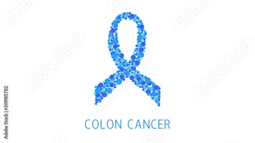 Colon cancer awareness animation. Blue ribbon made of dots on white background. Rectum disease medical concept. Motion graphics. photo