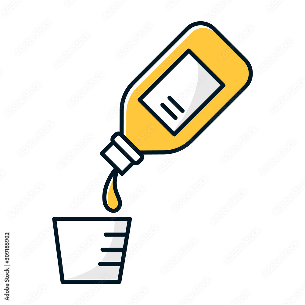 Cough syrup color icon. Common cold aid. Throat pain cure. Medication for healthcare. Influenza virus and flu infection. Grippe help. Remedy drink. Antibiotic in bottle. Isolated vector illustration Cough syrup color icon. Common cold aid. Throat pain cure. Medication for healthcare. Influenza virus and flu infection. Grippe help. Remedy drink. Antibiotic in bottle. Isolated vector illustration
