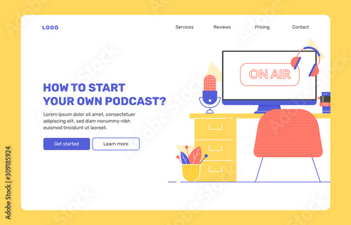 Podcasts, radio show, online courses. Recording home office. On the desk are microphone, monitor, headphones. Vector flat illustration. Landing page concept template. Modern design,  bright colors.