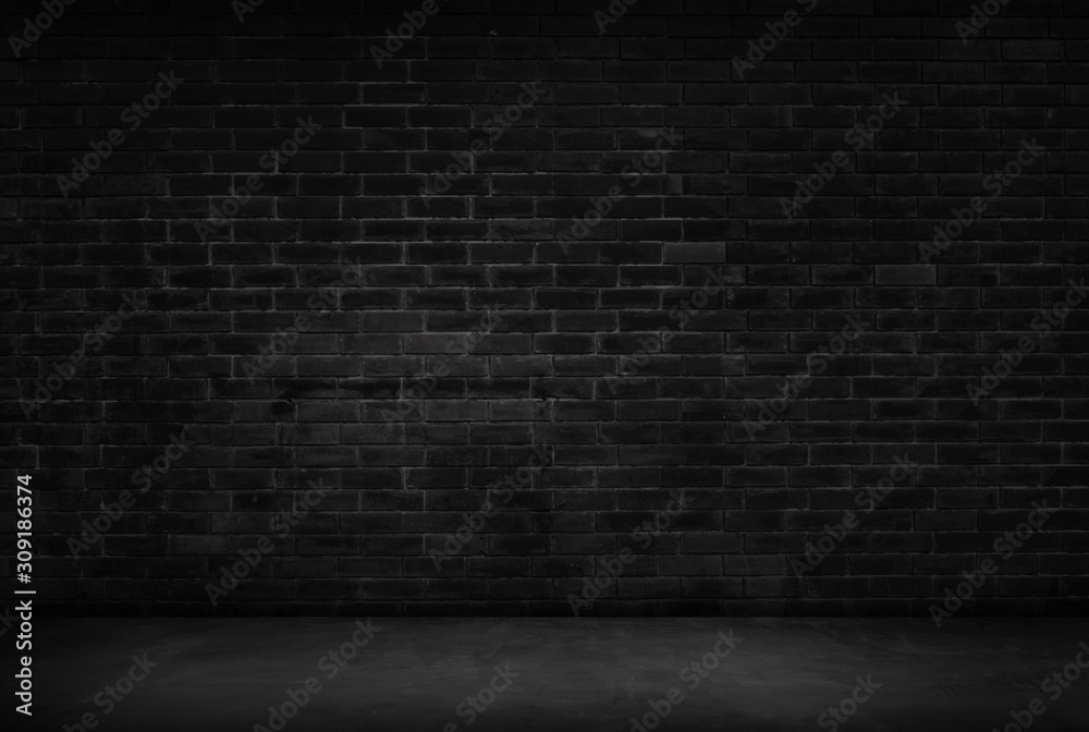 Black wall room background The surface of the brick dark jagged. Abstract black wall empty room background for interior design and decoration.