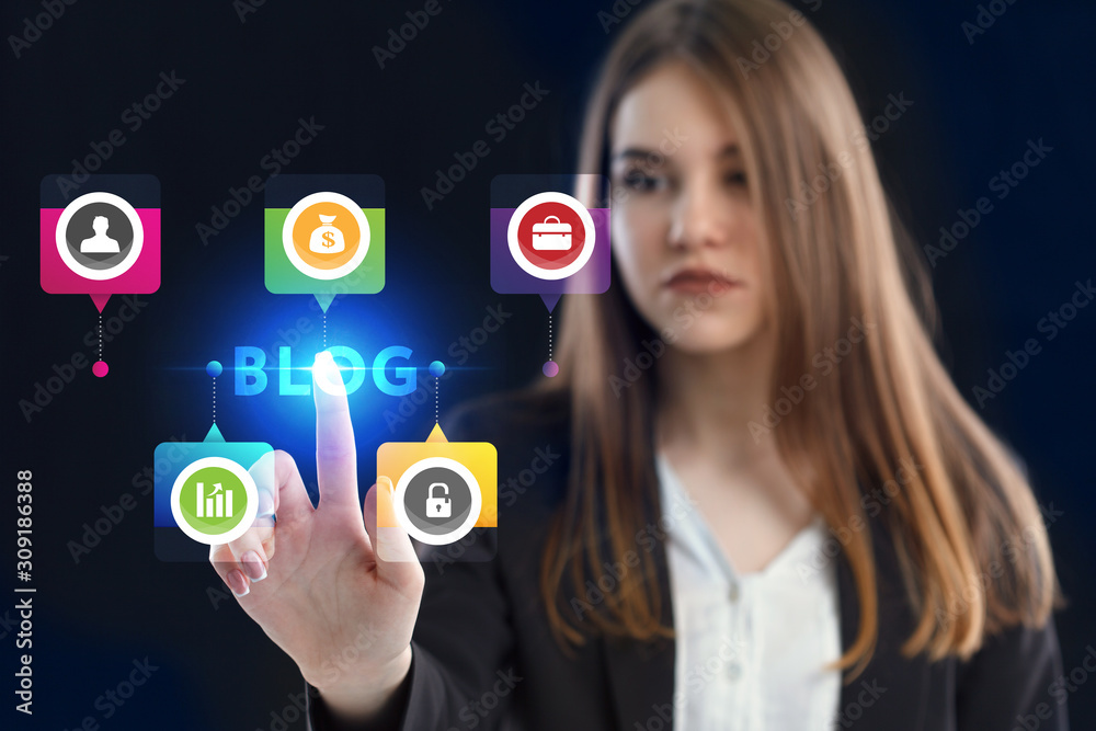 Business, Technology, Internet and network concept. Young businessman working on a virtual screen of the future and sees the inscription: Blog Business, Technology, Internet and network concept. Young businessman working on a virtual screen of the future and sees the inscription: Blog