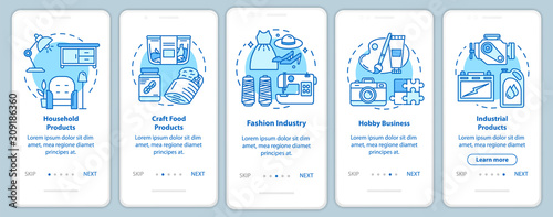 Local production onboarding mobile app page screen, linear concepts. Hobby business. Household products. Five walkthrough steps graphic instructions. UX, UI, GUI vector template with illustrations