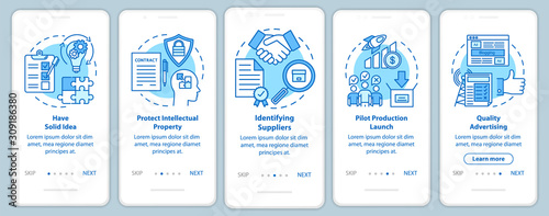 Start local production onboarding mobile app page screen, linear concepts. Identifying suppliers. Have solid idea. Five walkthrough steps graphic instruction. UX, UI, GUI vector template, illustration