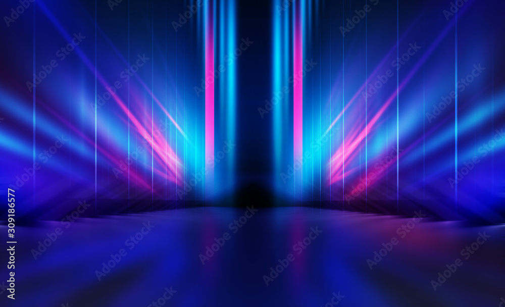 Empty dark abstract background. Background of empty show scene. Glow of neon lights on an empty concert venue. Reflection of light on the pavement. - obrazy, fototapety, plakaty 