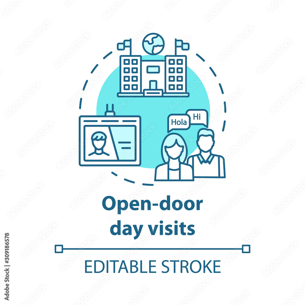 Open door day visits concept icon. Presentation of international university. Study invitation. University entrance idea thin line illustration. Vector isolated outline drawing. Editable stroke Open door day visits concept icon. Presentation of international university. Study invitation. University entrance idea thin line illustration. Vector isolated outline drawing. Editable stroke