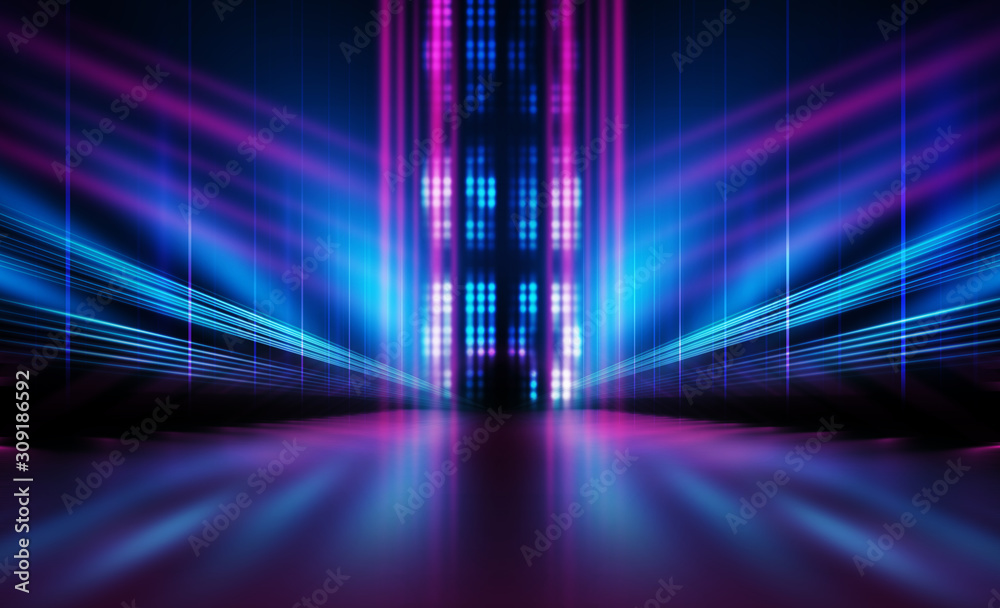 Empty dark abstract background. Background of empty show scene. Glow of neon lights on an empty concert venue. Reflection of light on the pavement. Empty dark abstract background. Background of empty show scene. Glow of neon lights on an empty concert venue. Reflection of light on the pavement.