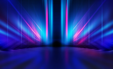 Empty dark abstract background. Background of empty show scene. Glow of neon lights on an empty concert venue. Reflection of light on the pavement.