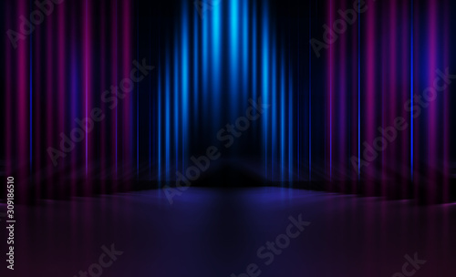 Empty dark abstract background. Background of empty show scene. Glow of neon lights on an empty concert venue. Reflection of light on the pavement.
