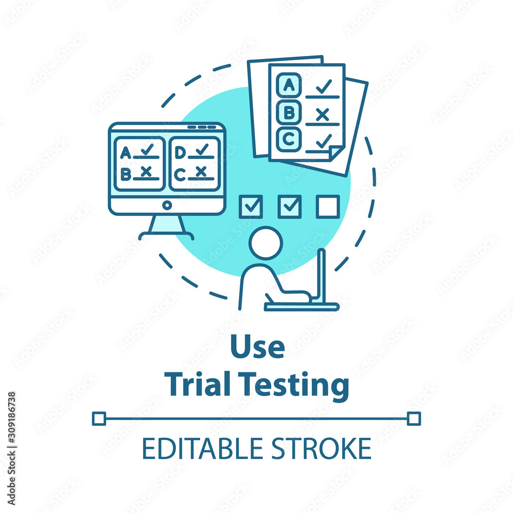 Use trial testing concept icon. Passing online test. Check knowledge and level of training. Entrance examination idea thin line illustration. Vector isolated outline drawing. Editable stroke