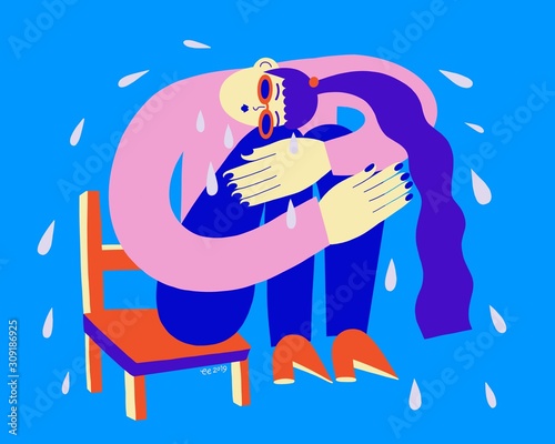 Illustration of woman crying while sitting on chair photo