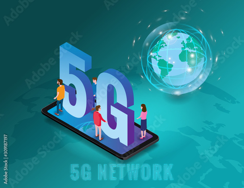 Isometric 5G network wireless technology template. Isometric smartphone with Earth planet