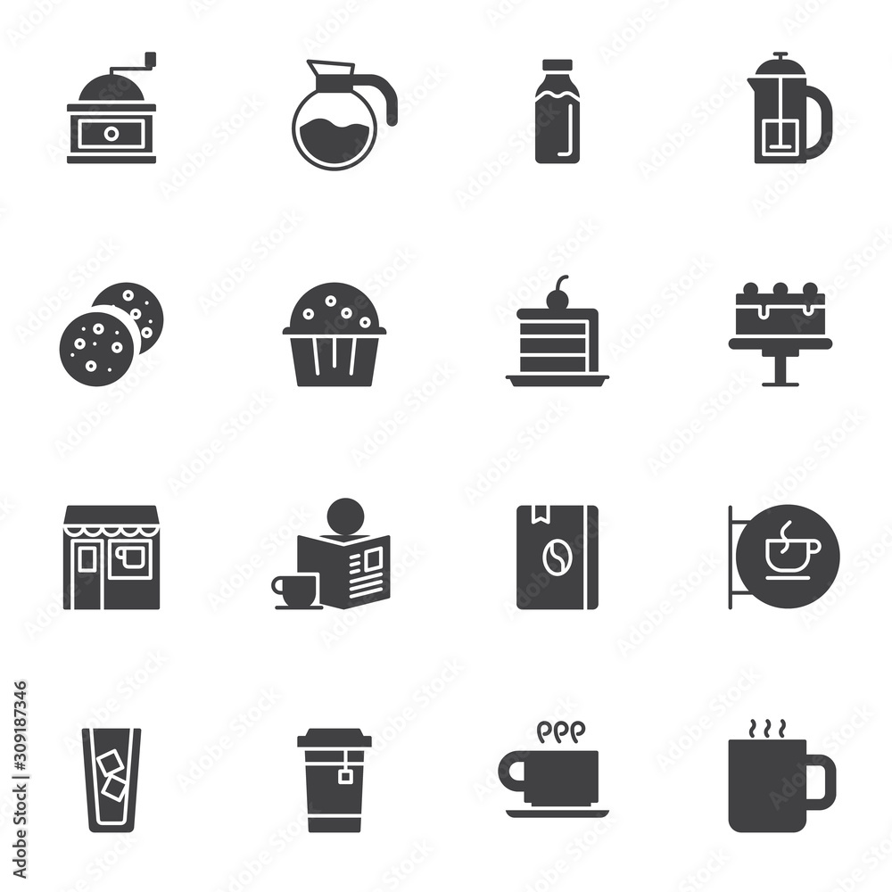 Coffee shop menu vector icons set, modern solid symbol collection, filled style pictogram pack. Signs, logo illustration. Set includes icons as ground coffee, dessert cupcake, menu book, cookie Coffee shop menu vector icons set, modern solid symbol collection, filled style pictogram pack. Signs, logo illustration. Set includes icons as ground coffee, dessert cupcake, menu book, cookie