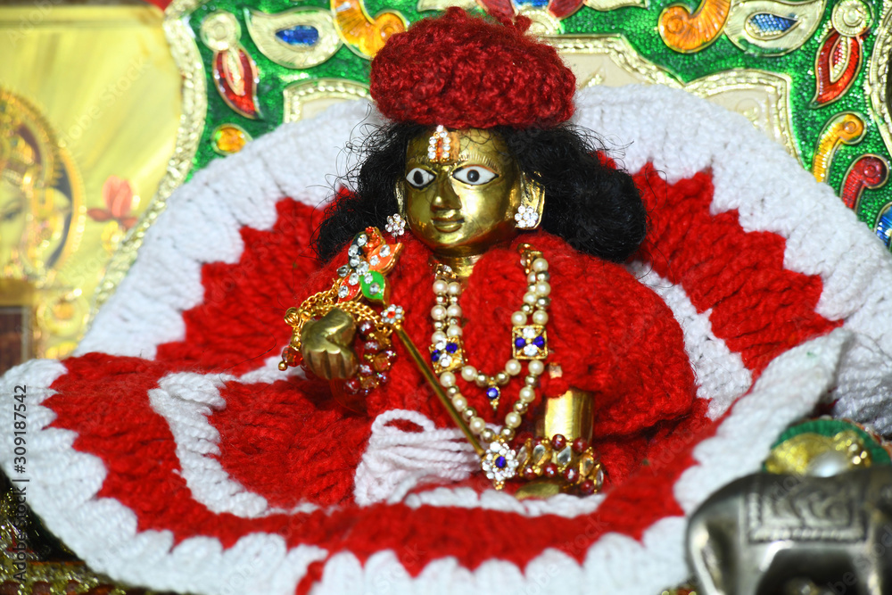 Fototapeta premium Lord Krishna idol wrapped in a warm costume at Govardhan temple during the winter in Beawar, Rajasthan, India. Photo/Sumit Saraswat
