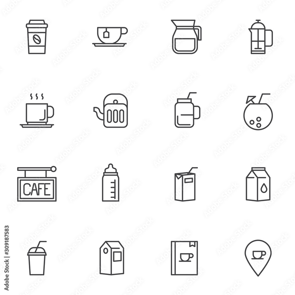 Drinks menu line icons set. linear style symbols collection, outline signs pack. vector graphics. Set includes icons as take away coffee cup, paper milk pack, menu book, juice package, milkshake, cup