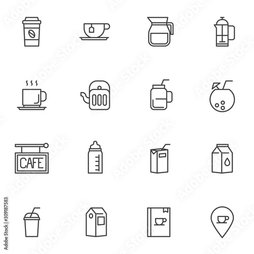 Drinks menu line icons set. linear style symbols collection, outline signs pack. vector graphics. Set includes icons as take away coffee cup, paper milk pack, menu book, juice package, milkshake, cup