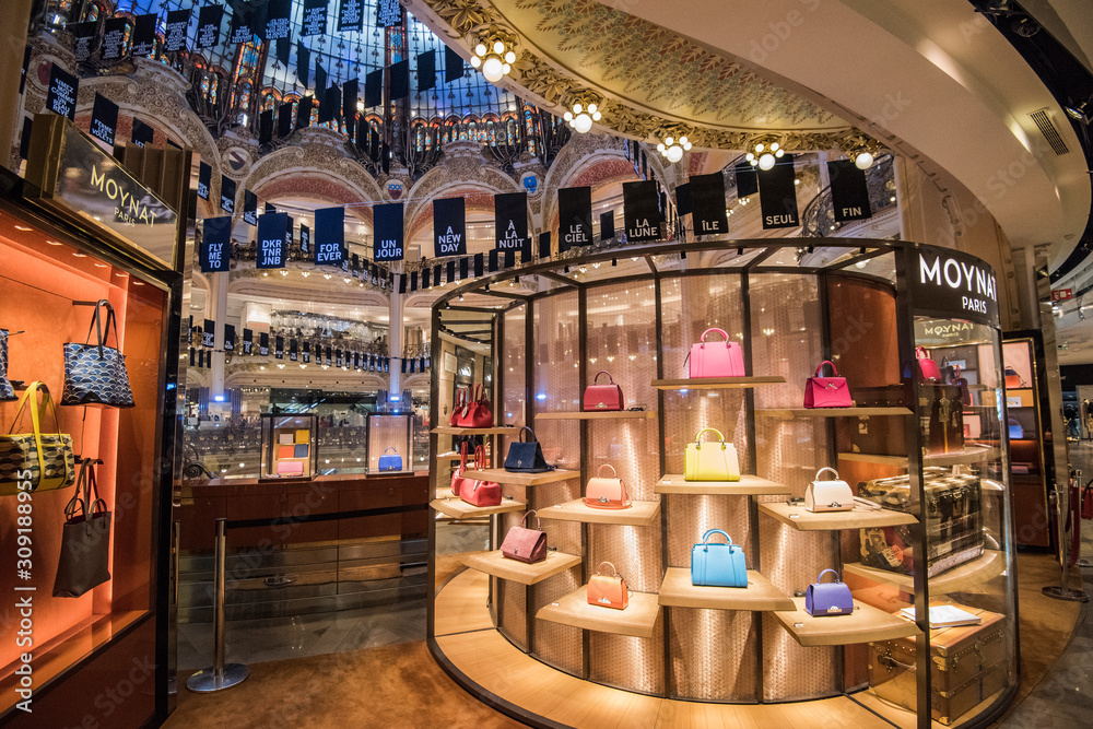 Paris, France May 8, 2017 Luxury purses in a fancy department store