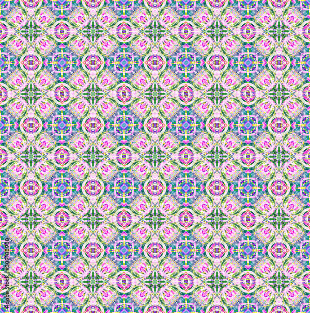 Pattern mandala kaleidoscope Abstract geometric colorful seamless background . Cross repeated squares and blocks background.