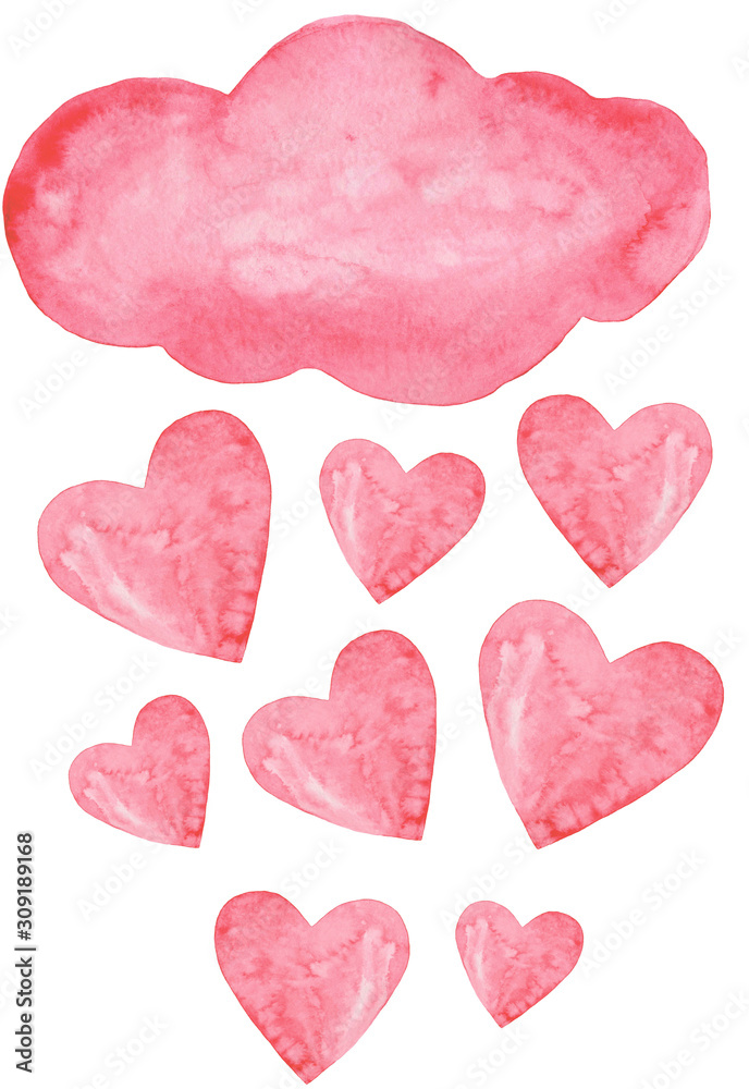 Gentle cloud and rain of hearts. Romantic watercolor illustration with pale red elements on a white background. Valentine's day and wedding decor, print, greeting card, packaging, scrapbooking.