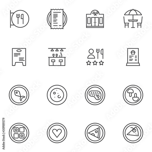 Restaurant service line icons set. linear style symbols collection outline signs pack. vector graphics. Set includes icons as bar counter, service staff feedback, food serving, dining table, menu book