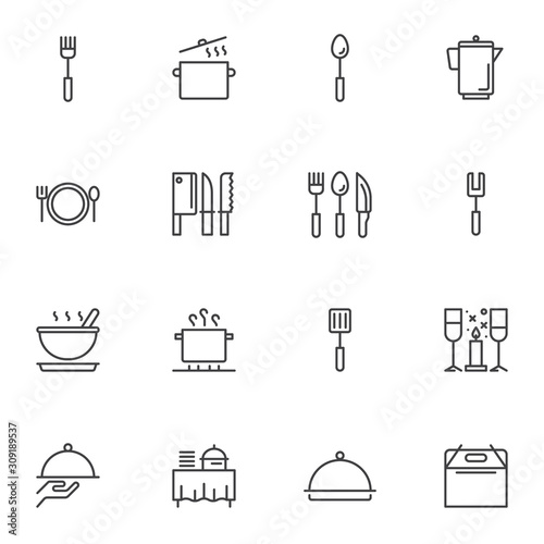 Restaurant kitchenware line icons set. linear style symbols collection, Kitchen utensils outline signs pack. vector graphics. Set includes icons as boiler pot, cooking pan, spoon, knife, serving tray
