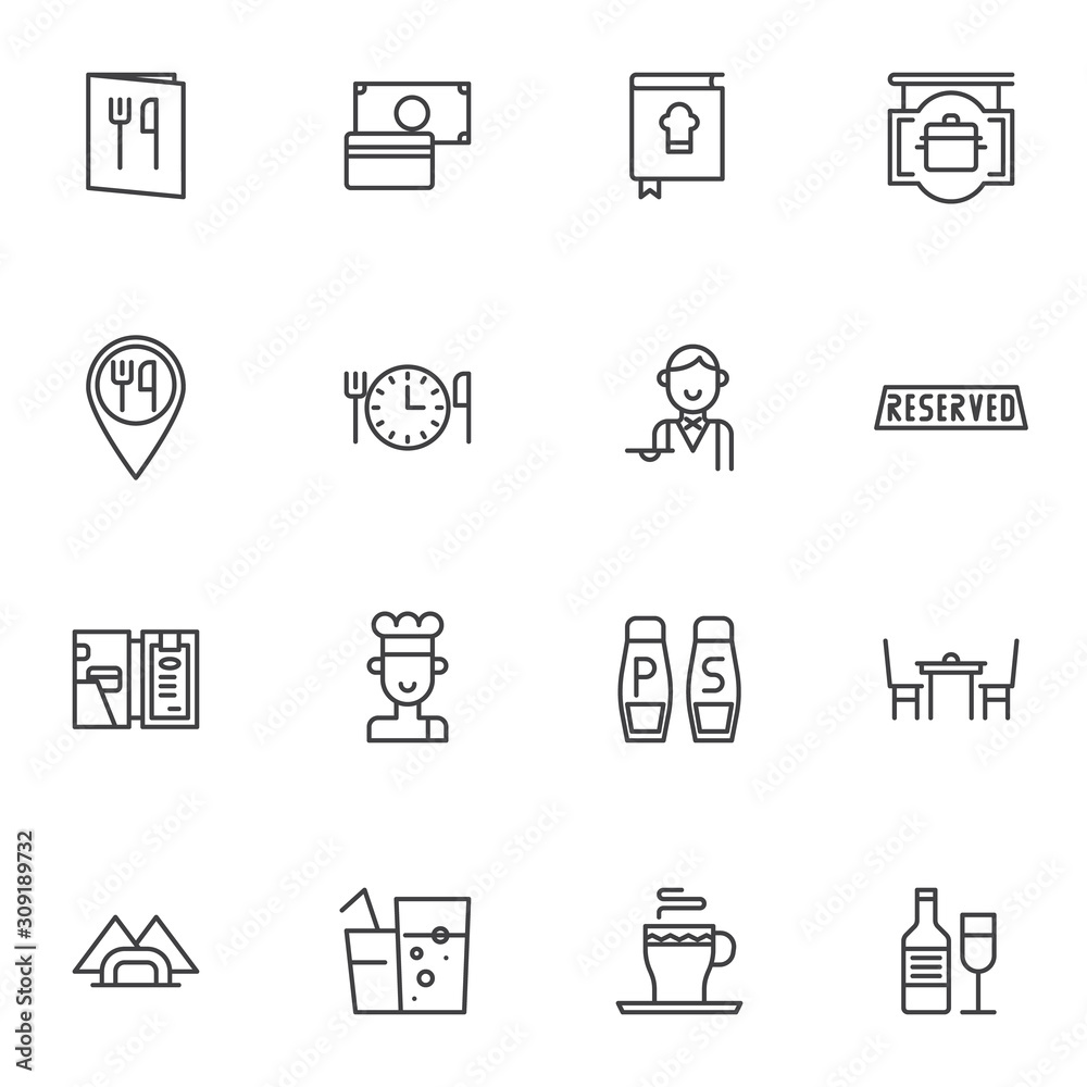 Restaurant service line icons set. linear style symbols collection, outline signs pack. vector graphics. Set includes icons as menu booklet, waiter, reserve, chief food, beverages, payment service