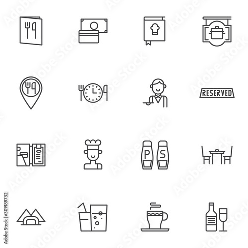 Restaurant service line icons set. linear style symbols collection  outline signs pack. vector graphics. Set includes icons as menu booklet  waiter  reserve  chief food  beverages  payment service