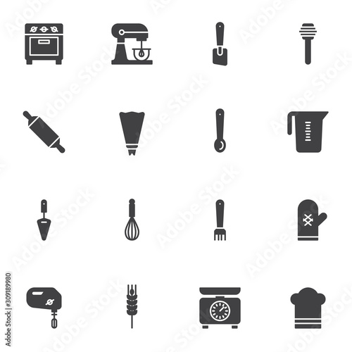 Pastry cooking utensils vector icons set, Bakery kitchenware modern solid symbol collection, filled style pictogram pack. Signs, logo illustration. Set includes icons as stove, food processor, mixer