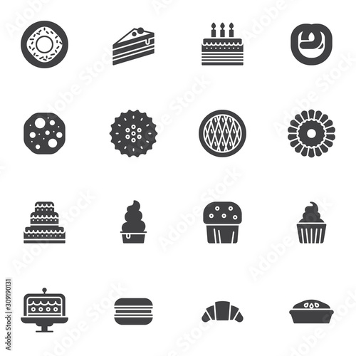 Pastry shop vector icons set, modern solid symbol collection, Bakery Sweets filled style pictogram pack. Signs, logo illustration. Set includes icons as piece of cake, croissants, muffin, cupcake, pie