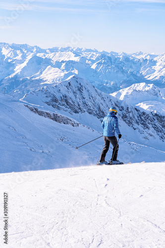 Man Skier skiing in Hintertux Glacier in Tyrol in Austria