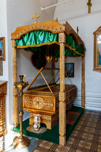 Reliquary with part of relic of St. Ilya Muromets in Holy Trinity Church in the village Karacharovo near Murom, Russia photo