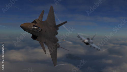 Chinese jet fighter showing some maneuver to avoid missile from eurofighter jet 3d render photo