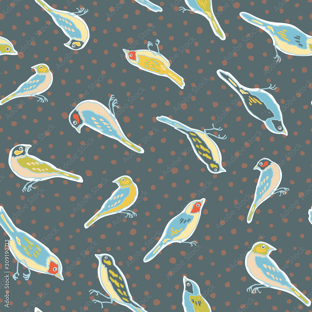 Cute vintage seamless vector bird pattern. All over print with sitting bird, all over print, retro hipster vintage fans, blue dotted background. Perfect for print, fabric and wallpaper.