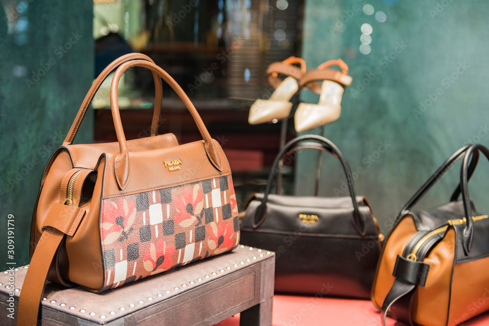 May 6, 2017: Paris, France - Prada handbag in a luxury store in Paris.  Stock Photo | Adobe Stock