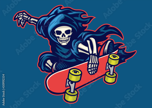 grim reaper skateboarding jump doing stunt trick