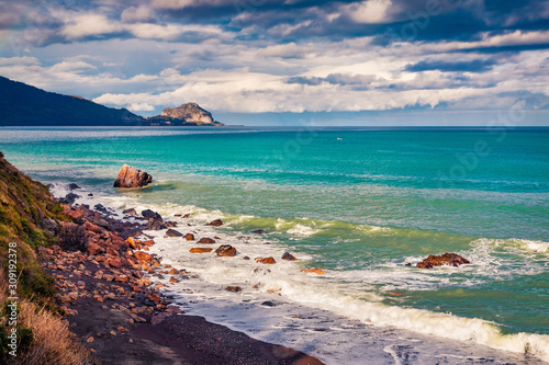 Stunning spring seascape of Mediterranean sea, Torre Conca beach. Nice outdoor scene of Rais Gerbi cape. Dranatic vmorning wiew of the Celalu cape, Sicily, Italy, Europe. photo