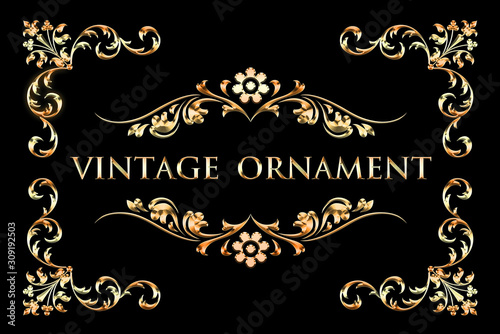 Metallic ornament set. Vintage frame background.