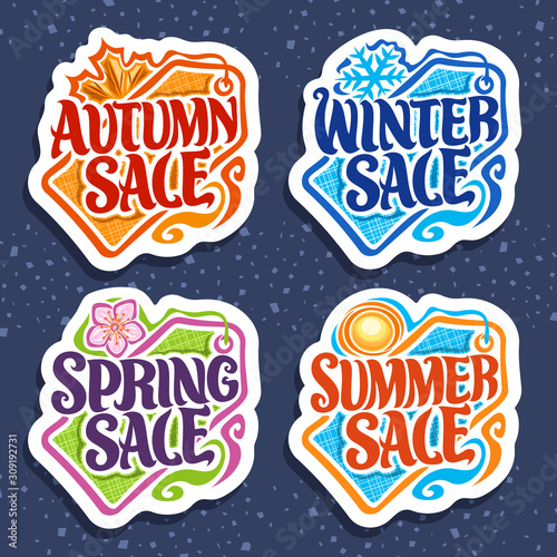Vector set for Four Seasons Sale, 4 isolated decorative seasonal pricetags with words, summer with orange sun, winter with blue snow flake, spring with lilac bloom, autumn season sale with maple leaf.