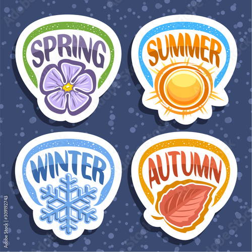 Vector set for Four Seasons, 4 cut out decorative seasonal badges with words, summer with warm sunshine sun, winter with blue snow flake, spring with lilac sharon bloom, autumn season with orange leaf