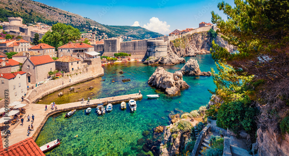 Panoramic morning view of famous Fort Bokar in city of Dubrovnik. Splendid summer scene of Croatia, Europe. Beautiful world of Mediterranean countries. Traveling concept background..