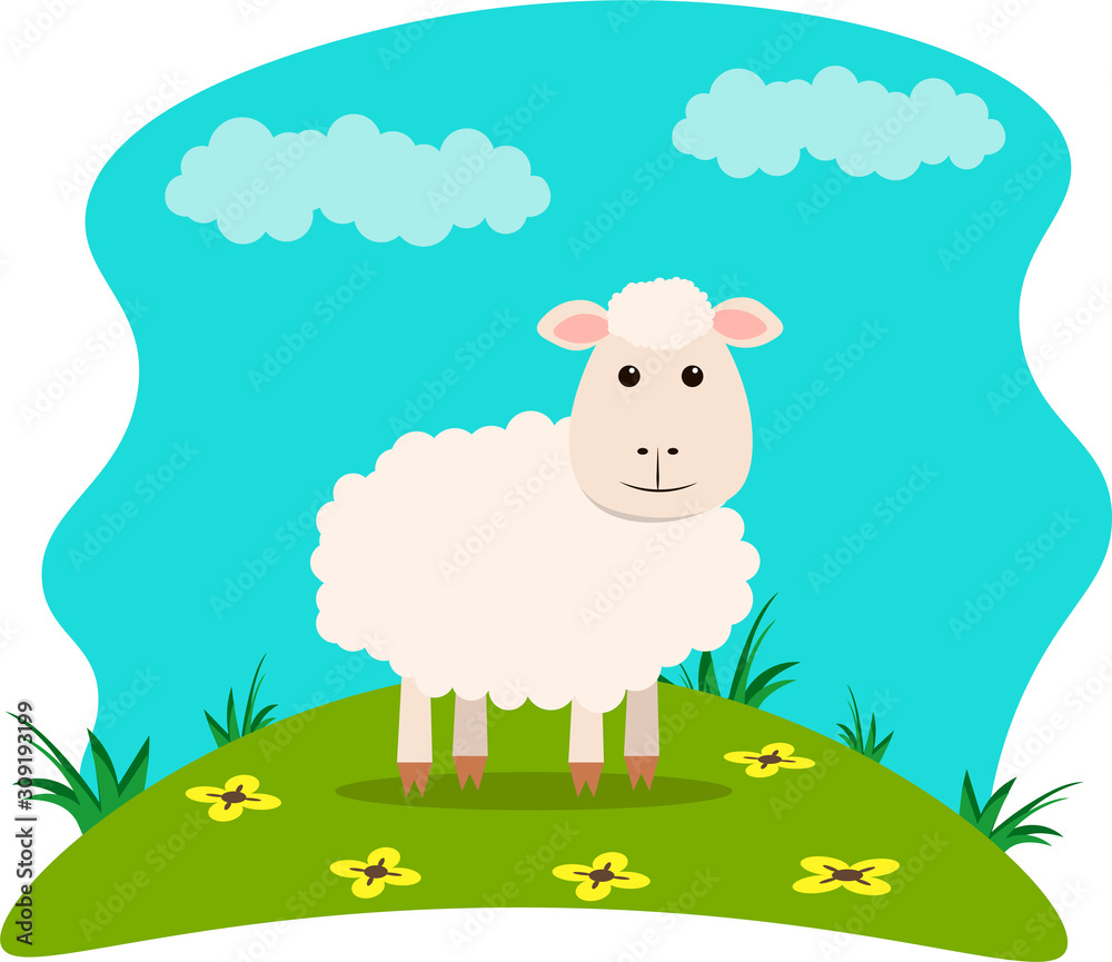 Vector illustration of farm animals on landscape background - cute sheep in cartoon style. Vector illustration of farm animals on landscape background - cute sheep in cartoon style.