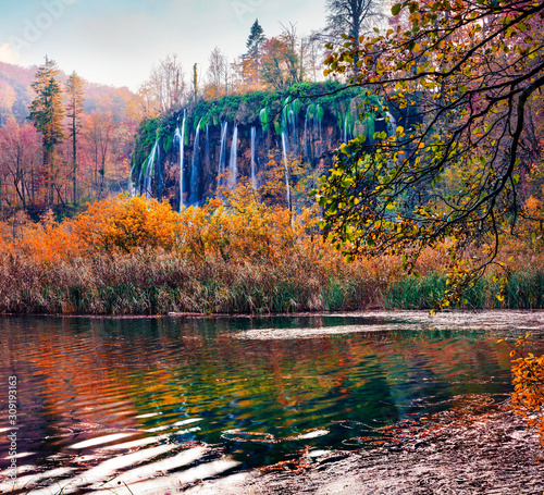Fototapeta Naklejka Na Ścianę i Meble -  Pure water waterfall in Plitvice National Park. Colorful autumn landscape of Croatia, Europe. Amazing outdoor scene of forest in October. Beauty of nature concept background.